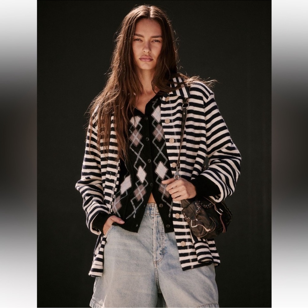 FREE PEOPLE Free-Est Lora Striped Black and Cream Cardigan